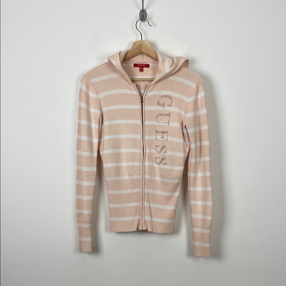 Guess Pink and White Striped Hooded Full Zip Rhinestone Logo Women's M Sweater